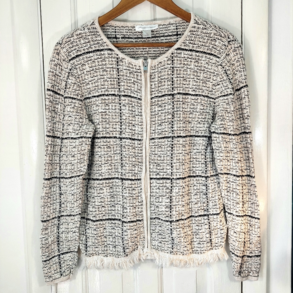 Christopher & Banks Long Sleeve Zip-Up Knit Sweater Blazer With Fringe Sz L